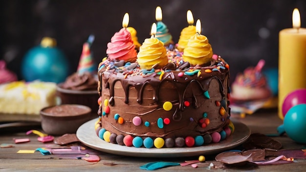 Deliziosa torta di compleanno con glassa di cioccolato e crema