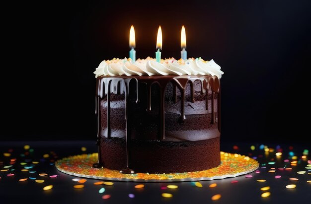 deliziosa torta di compleanno su un piatto con candele accese crema di burro e confetti su sfondo nero