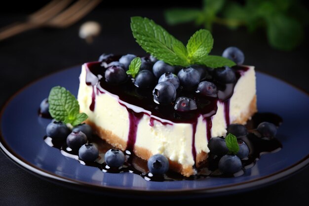 Deliziosa torta di formaggio con mirtilli e menta in piano ravvicinato