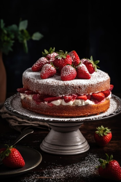 Deliziosa torta di fragole al forno e decorata in una cucina alla luce del giorno ai generativa