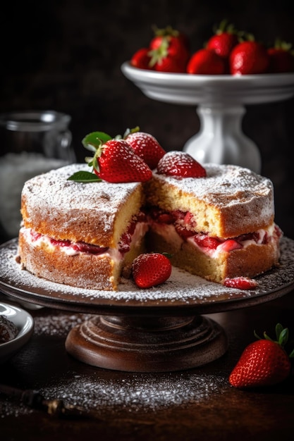 Deliziosa torta di fragole al forno e decorata in una cucina alla luce del giorno ai generativa