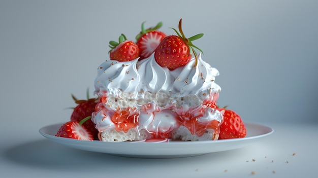 Deliziosa torta di fragole con panna montata e bacche su piatto bianco