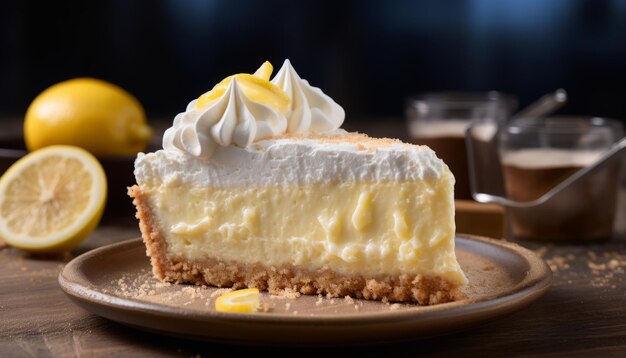 Deliziosa torta di limoni fatta in casa su uno sfondo di legno rustico con briciole e una fetta tagliata