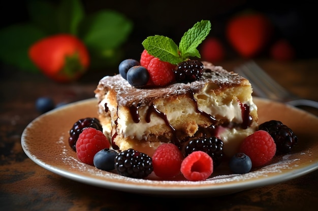 Deliziosa torta di tiramisu con bacche fresche e menta su un piatto