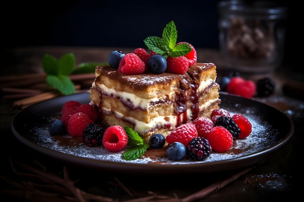 Deliziosa torta tiramisù con frutti di bosco freschi e menta