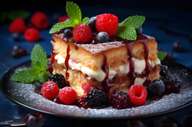 Deliziosa torta tiramisù con frutti di bosco freschi