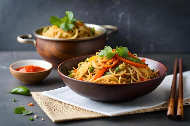 Deliziosa una ciotola di spaghetti di verdure sul tavolo