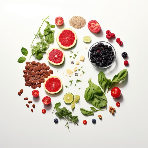 Deliziosa vista vegetariana dall'alto su sfondo bianco