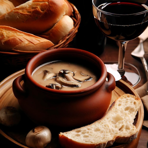Deliziosa zuppa di funghi con pane e vino
