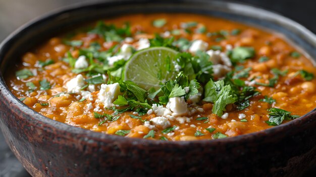 Deliziosa zuppa di lenticchie casalinga guarnita con erbe fresche e lime