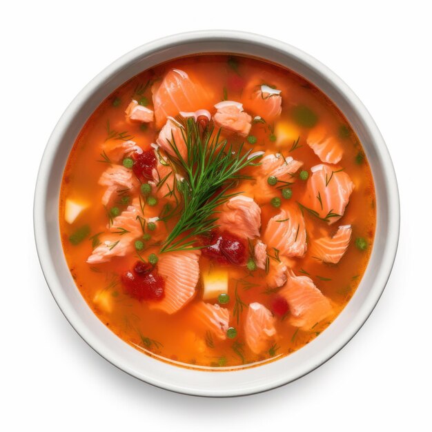 Deliziosa zuppa di salmone finlandese in una ciotola su sfondo bianco IA generativa