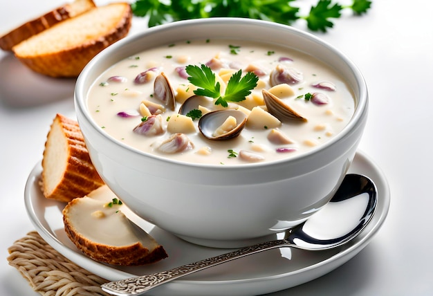 Deliziosa zuppa di vongole isolata su sfondo bianco Cucina tradizionale americana