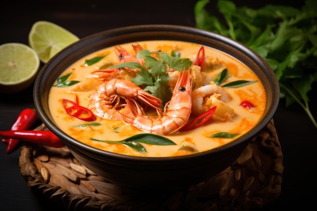 Deliziosa zuppa tailandese piccante Tom Yam Kung con gamberi e latte di cocco generata dall'intelligenza artificiale