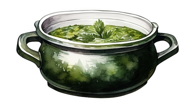 Deliziosa zuppa verde a mano disegnata acquerello vaso di ferro fuso AI generato