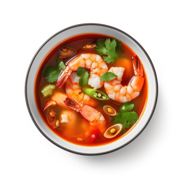 Deliziosa zuppa Yum con gamberi in una ciotola su sfondo bianco IA generativa