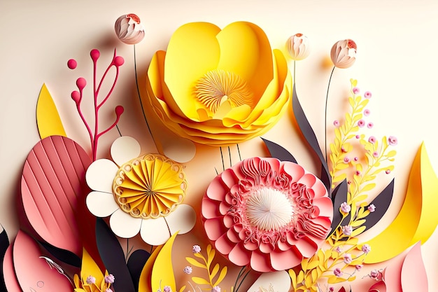 Deliziosamente bella composizione floreale di fiori di carta gialli e rosa d rendering ai generativa