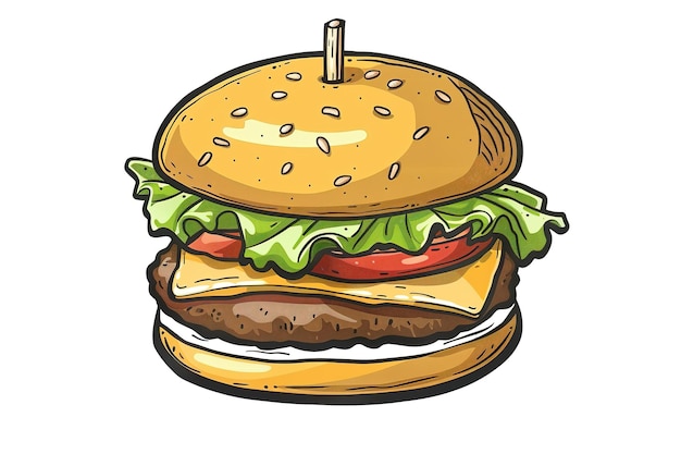 Deliziosamente dettagliata una vivace illustrazione di un hamburger succoso con lattuga fresca formaggio fuso pomodori maturi e panini fritti