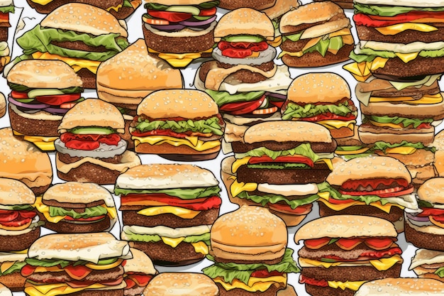 Deliziosamente divertente hamburger a bassa densità Doodle modello senza cuciture Generative AI