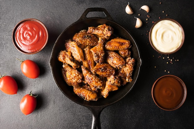 Deliziose ali di pollo al forno grigliate con salse assortite, maionese, ketchup e salsa di peperoncino dolce su una padella di ghisa nera Vista dall'alto Piatto spuntino croccante e gustoso per birreria