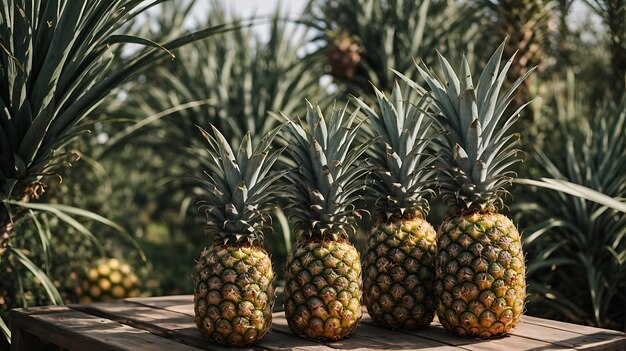 Deliziose ananas biologiche sul tavolo in un frutteto di ananas