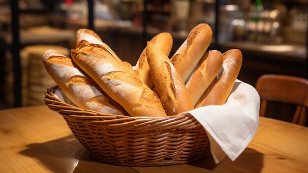 Deliziose baguette di pane in cesto in una panetteria