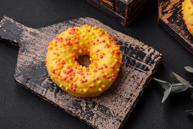 Deliziose ciambelle fresche in glassa gialla con ripieno al gusto di limone