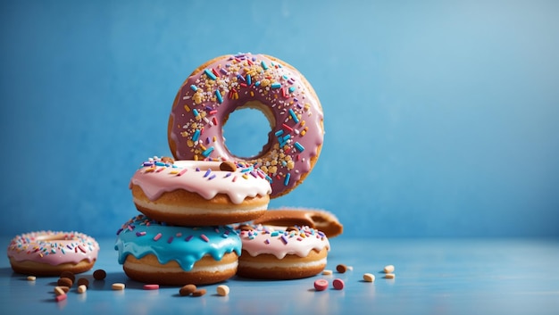 Deliziose ciambelle su sfondo blu Sfondo con spazio per la copia