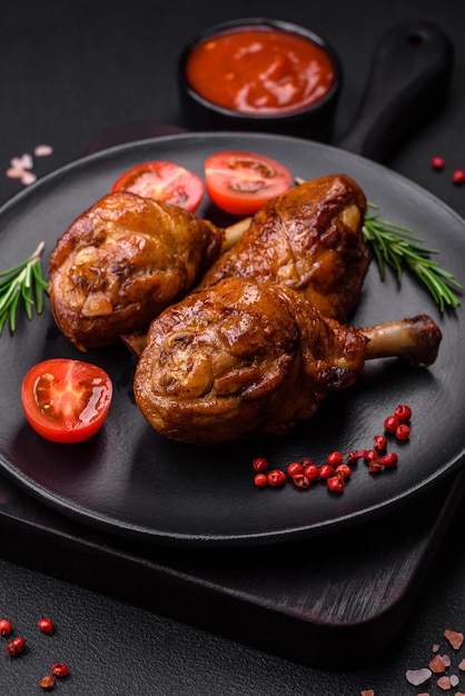 Deliziose cosce di pollo alla griglia con spezie ed erbe aromatiche in salsa teriyaki