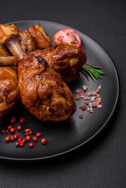 Deliziose cosce di pollo alla griglia con spezie ed erbe aromatiche in salsa teriyaki