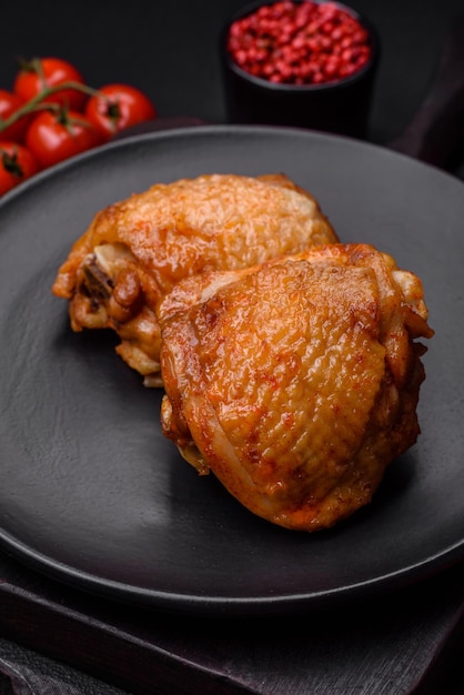 Deliziose cosce di pollo succose cotte con sale spezie ed erbe aromatiche in un piatto di ceramica