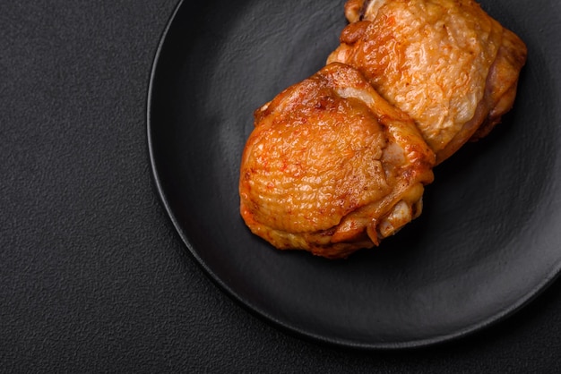 Deliziose cosce di pollo succose cotte con sale spezie ed erbe aromatiche in un piatto di ceramica