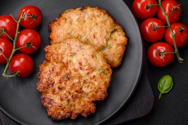 Deliziose cotolette di carne di pollo fritta fresca con spezie salate ed erbe