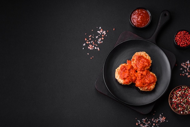 Deliziose cotolette fresche o polpette con spezie erbe e salsa di pomodoro