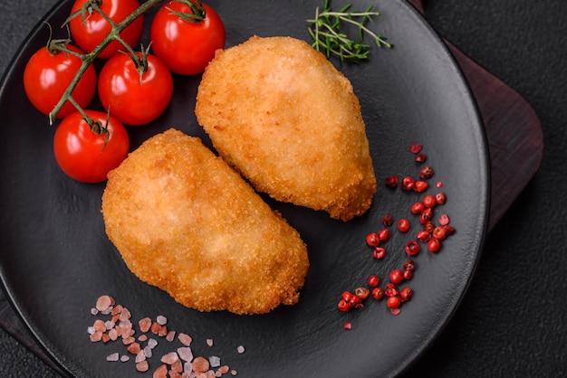 Deliziose cotolette o polpette succose di pollo tritato con sale e spezie su uno sfondo di cemento strutturato