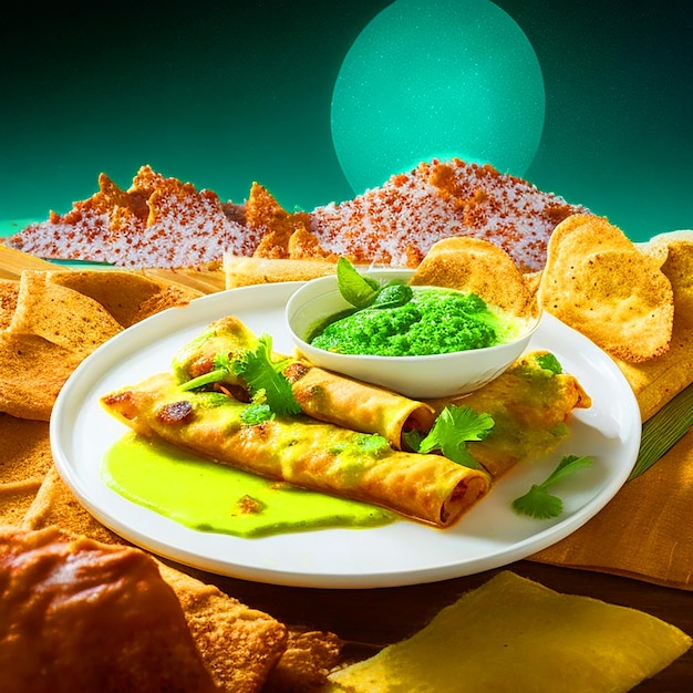 deliziose enchiladas in salsa verde, formaggio grattugiato, lattuga, strisce di pollo su un piatto bianco sul retro