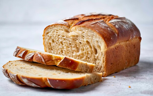 Deliziose fette di pane fatte in casa isolate su uno sfondo bianco lucido con un concetto di pane fatto in casa