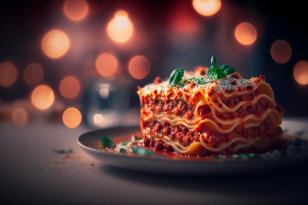 Deliziose lasagne di specialità italiane con basilico fresco e formaggio