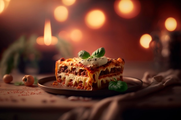 Deliziose lasagne di specialità italiane con basilico fresco e formaggio