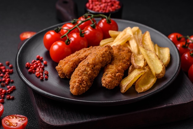 Deliziose nuggets di pollo croccanti al pane con sale e spezie su uno sfondo di cemento scuro