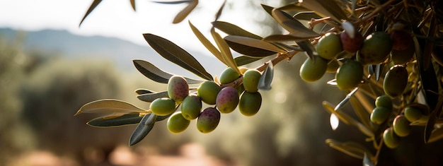 Deliziose olive in un pittoresco ramo di uliveto con olive sull'albero IA generativa