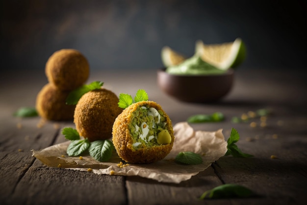 Deliziose palline di falafel su un piatto di legno con un tocco mediorientale