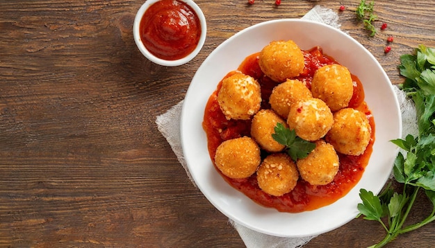 Deliziose palline di formaggio croccanti con salsa di pomodoro