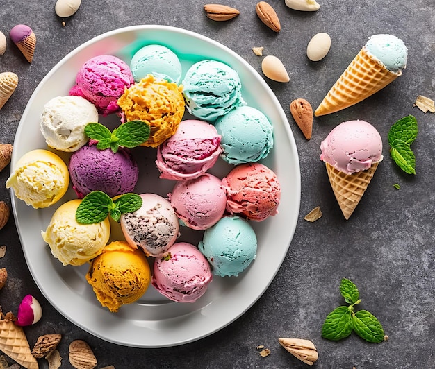 deliziose palline di gelato con frutti di bosco freschi su sfondo grigio