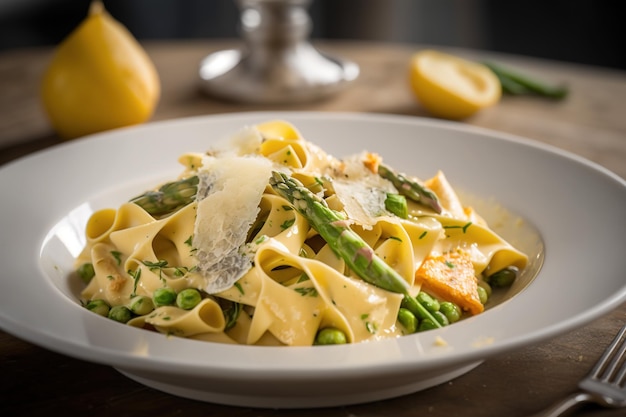 Deliziose pappardelle di granchio e asparagi su piatto bianco