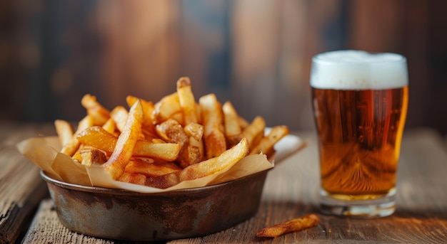 Deliziose patatine fritte e birra fredda su un tavolo di legno