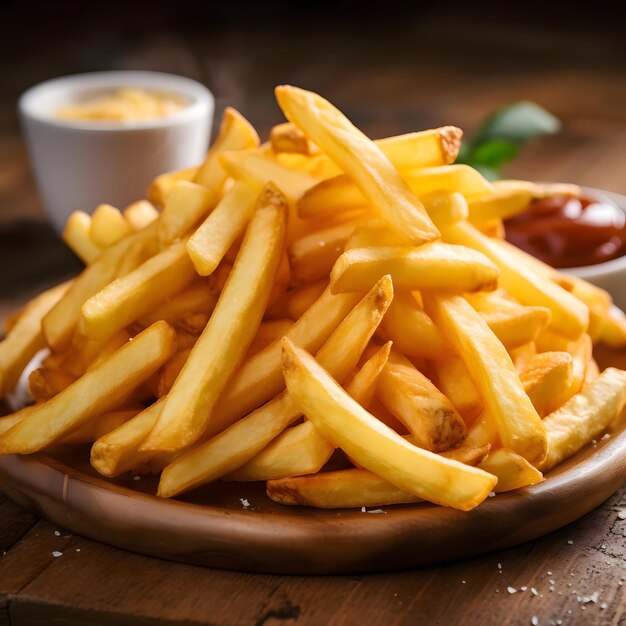 Deliziose patatine fritte su una tavola di legno con ketchup e salsa al formaggio Fast food