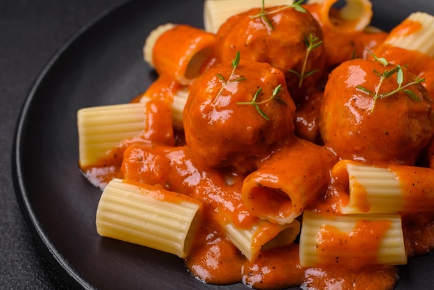 Deliziose polpette fresche e pasta in salsa di pomodoro con sale spezie ed erbe aromatiche su uno sfondo di cemento scuro