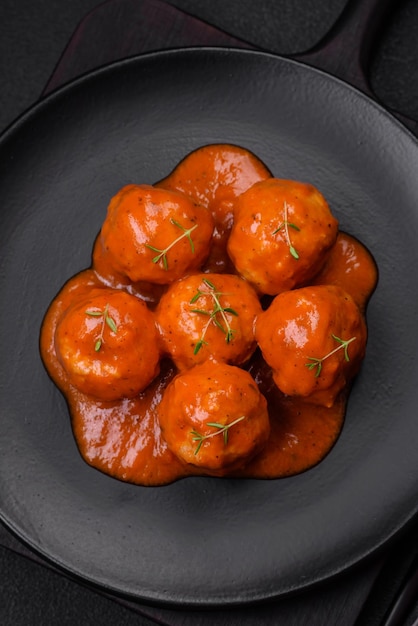 Deliziose polpette fresche in salsa di pomodoro con sale spezie ed erbe aromatiche su uno sfondo di cemento scuro