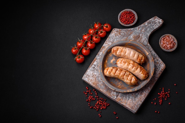 Deliziose salsicce alla griglia di carne di pollo o di maiale con sale, spezie ed erbe aromatiche