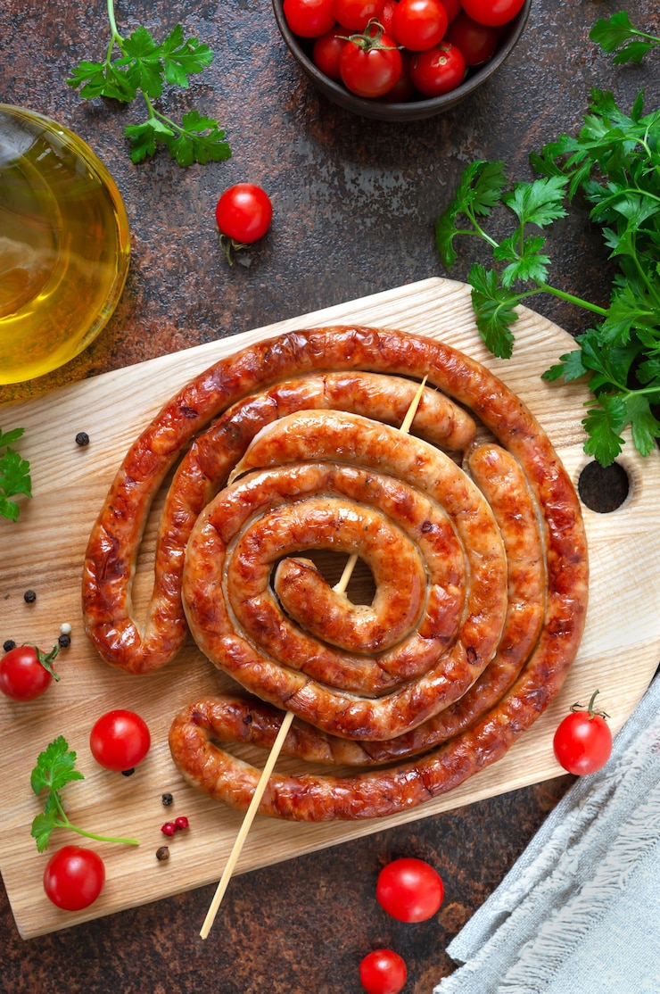Deliziose salsicce fatte in casa, anelli al forno su spiedini, con pomodorini. Spuntino dell'Oktoberfest. Piatto da picnic estivo
